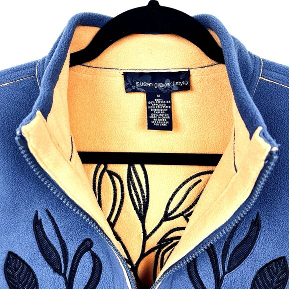 VTG Susan Graver Blue Fleece Jacket Women’s SZ M Black Floral Embroidery Zip - Picture 7 of 11
